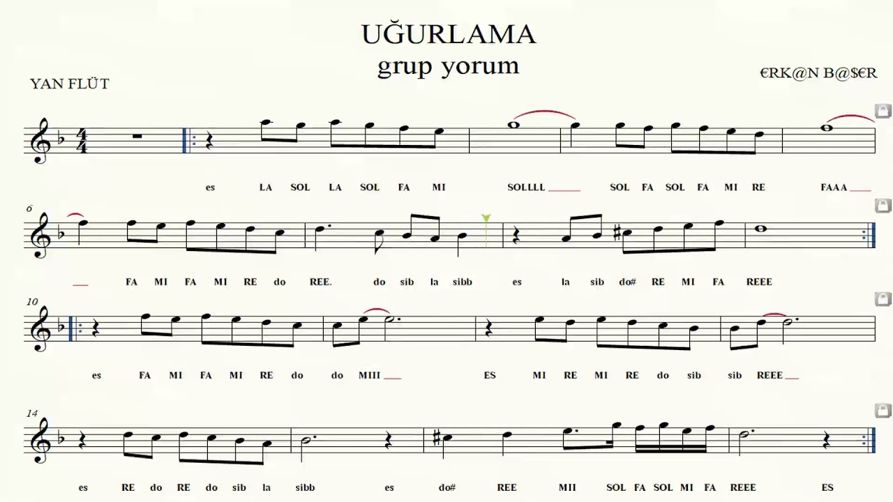 UĞURLAMA yan flüt NOTALARI eşlikli NOTA TAKİPLİ