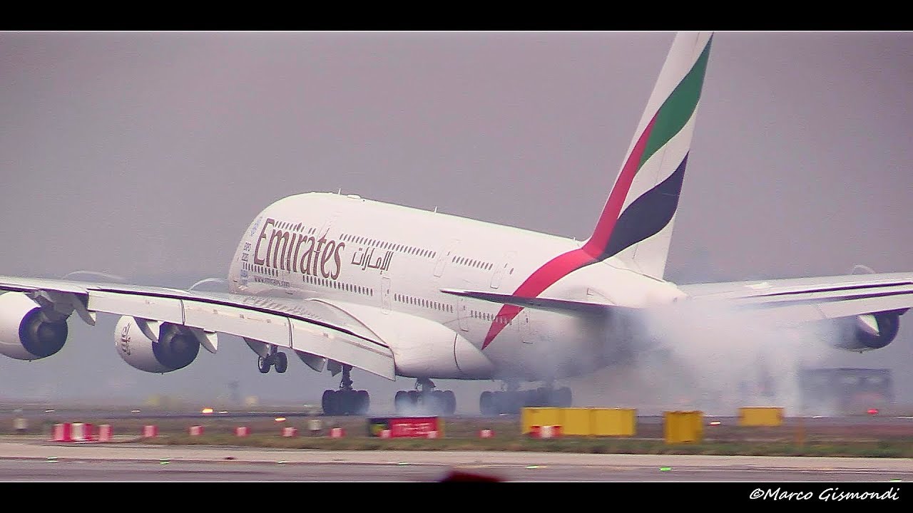 2x Emirates Airbus A380 landing @ Milan Malpensa Airport • Hard landing Airbus A380!!