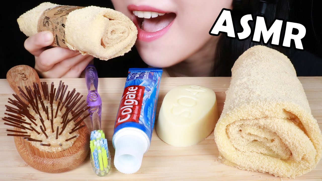 ASMR EATING SOUNDS PRANK EDIBLE FOOD ASMR HAIR BRUSH EDIBLE TOWEL EDIBLE SOAP, EDIBLE TOOTHPASTE 咀嚼音