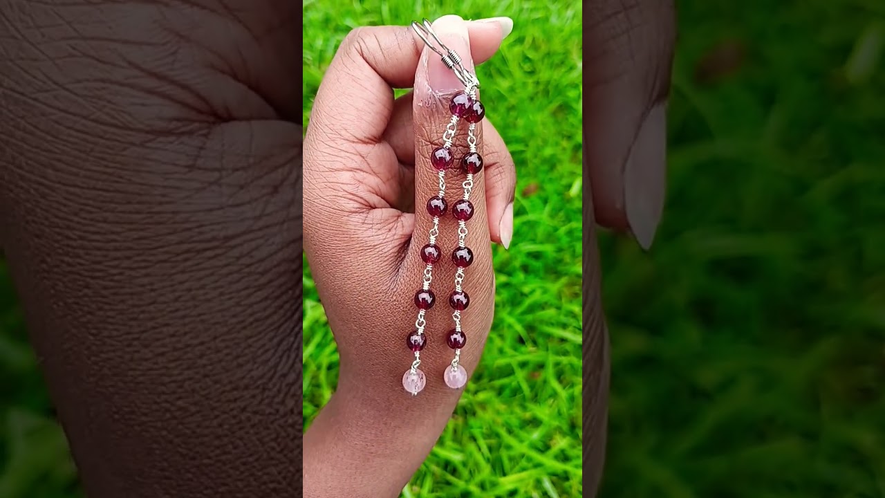 Wire wrapped garnet and strawberry quartz dangle earrings 