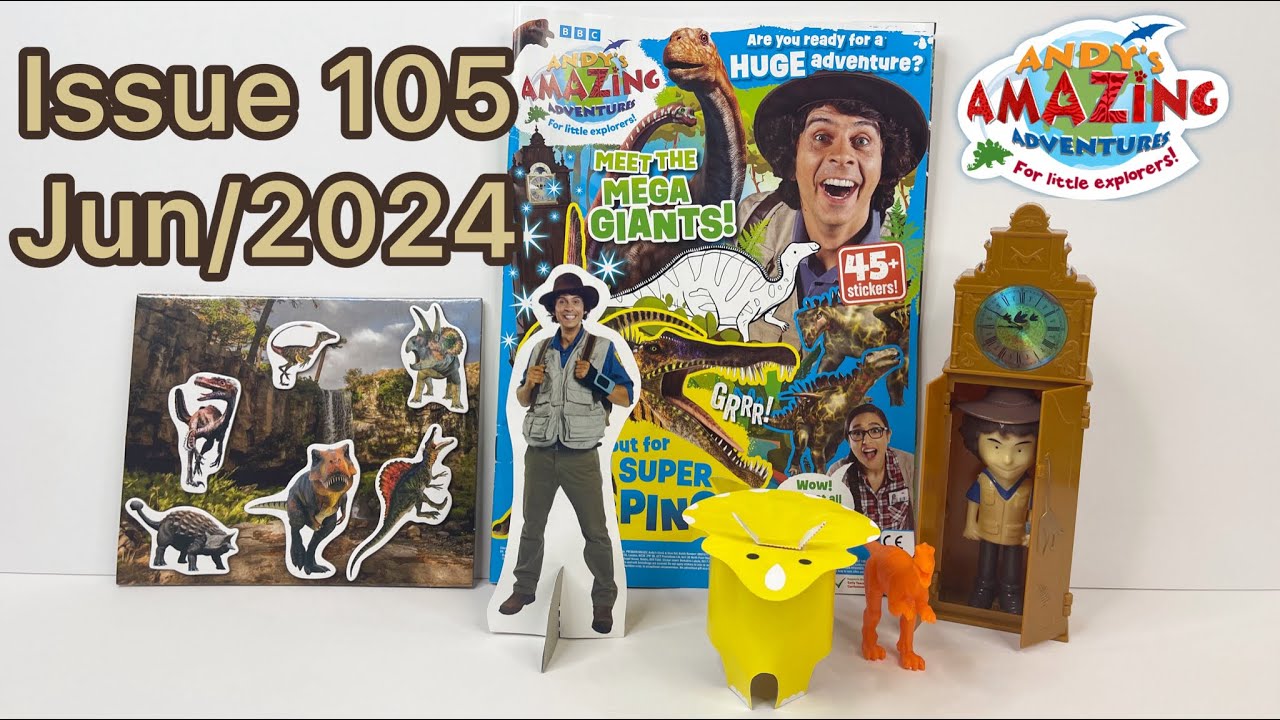 Andy's amazing adventures magazine, issue 105, Jun/2024 double gift includes magic clock! 🕰️🦖