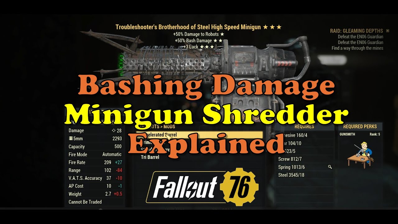 Fallout 76 - Bashing Damage Explained. Ghoul with Minigun Shredder.