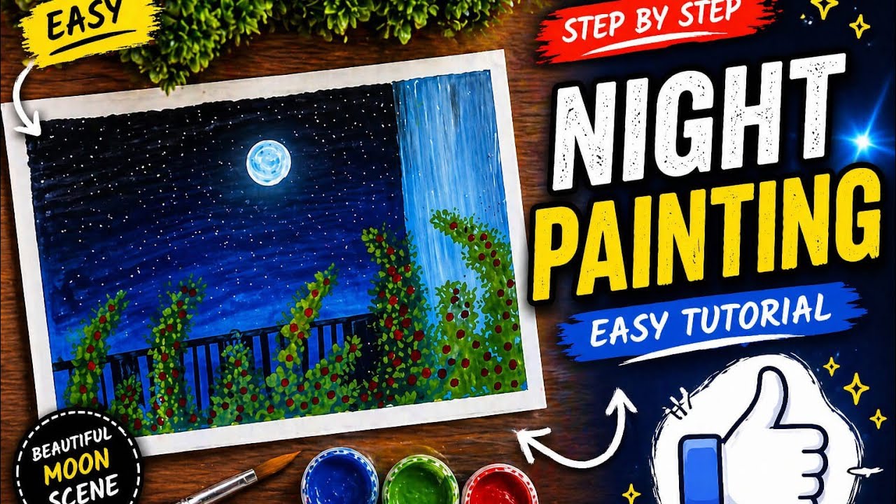 Aaj ki beautiful night  painting  for beginnings #artshort #originalscenary #tutorialyoutube tuto✨️🎨