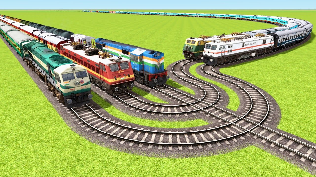 FIVE INDIAN TRAINS SPINING AROUND DOUBLE CURVES RAILROAD TRACKS ▶️ Train Simulator | CrazyRails