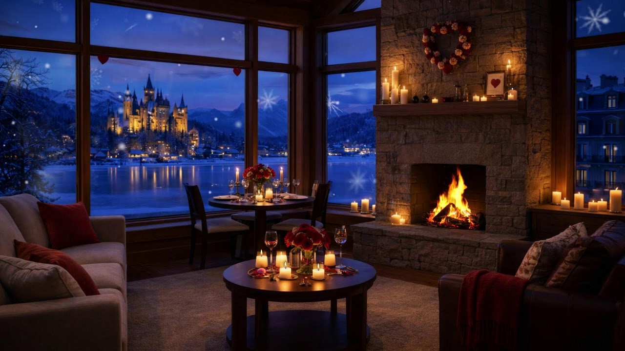 💖 Cozy Lake Cabin (NO MID-ROLL ADS) – Fireplace & Castle Reflection Jazz