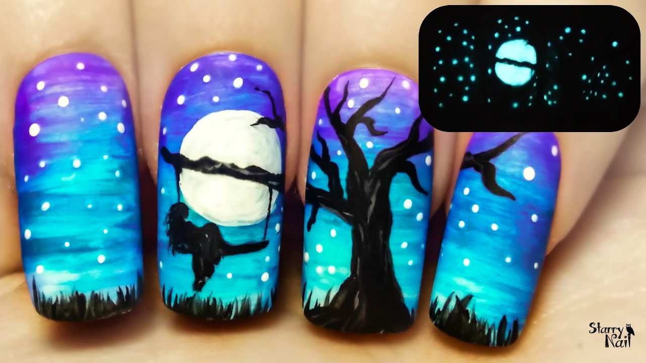 A Tree Swing at Midnight ⎮ Glow in the Dark Freehand Nail Art Tutorial