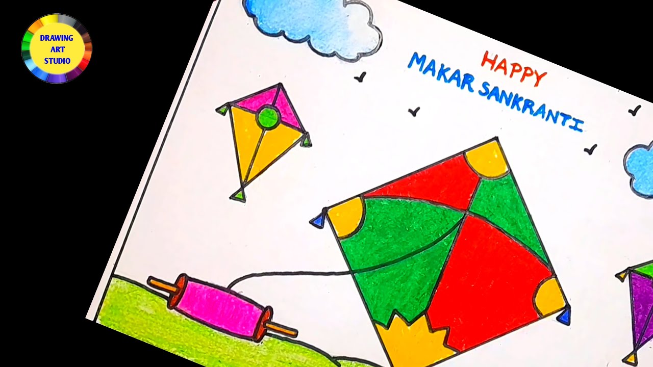 Makar Sankranti Drawing | Kite Drawing | How To Draw Kite | Kite Festival Drawing |Uttarayan Drawing