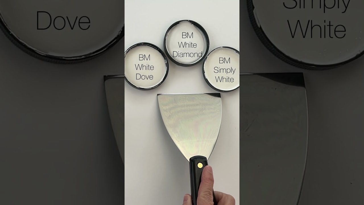 3 Popular Benjamin Moore White Paint Colors. Dove White, White Diamond, and Simply White.