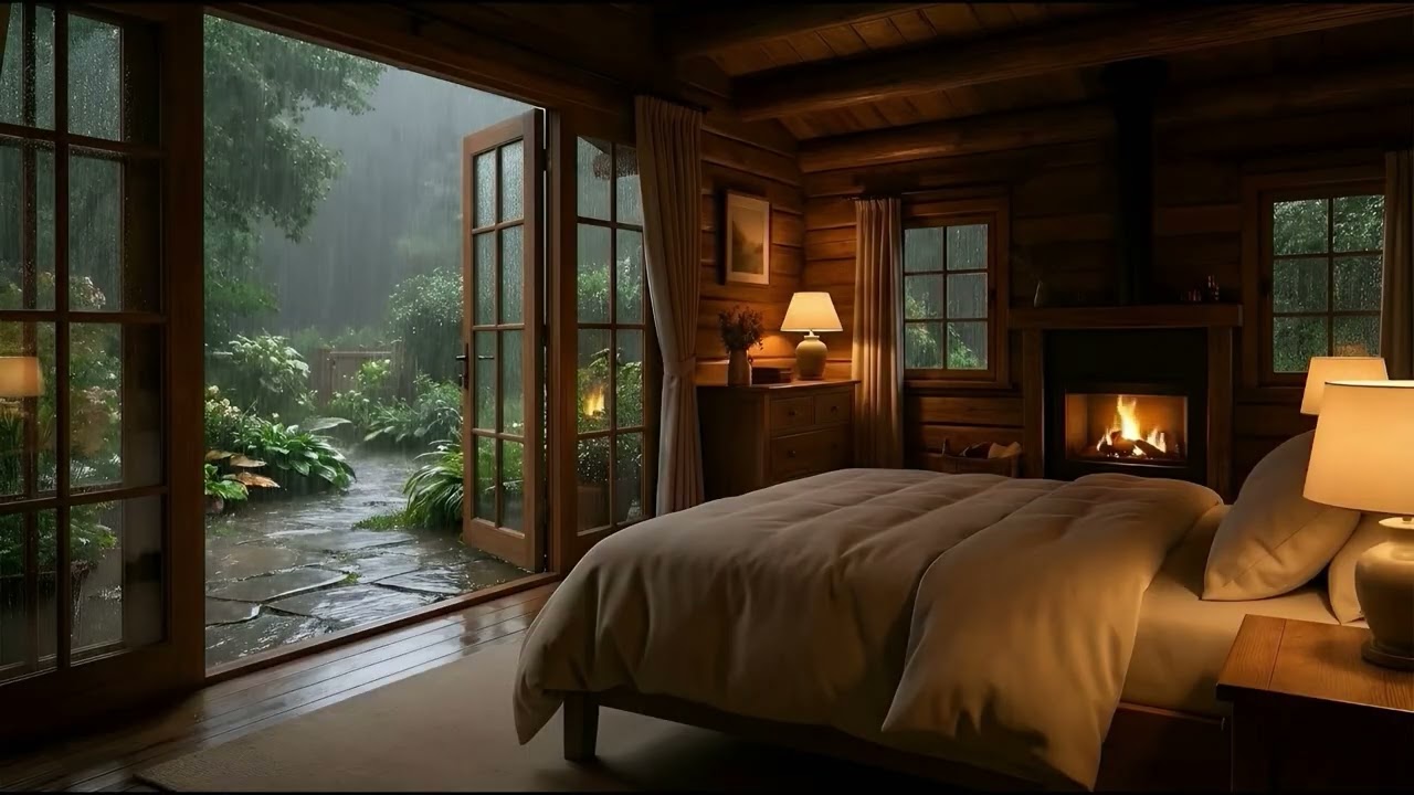 Rainy Cabin Bedroom with Fireplace 🌧️ | Rain & Fire Sounds for Sleep (3 Hours, 4K)