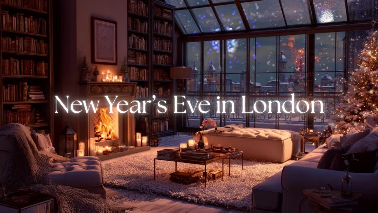 NEW YEAR'S EVE IN LONDON 🎆 | Cozy Penthouse, Fireworks, Fireplace & Relaxing Jazz | 1 Hour Ambience