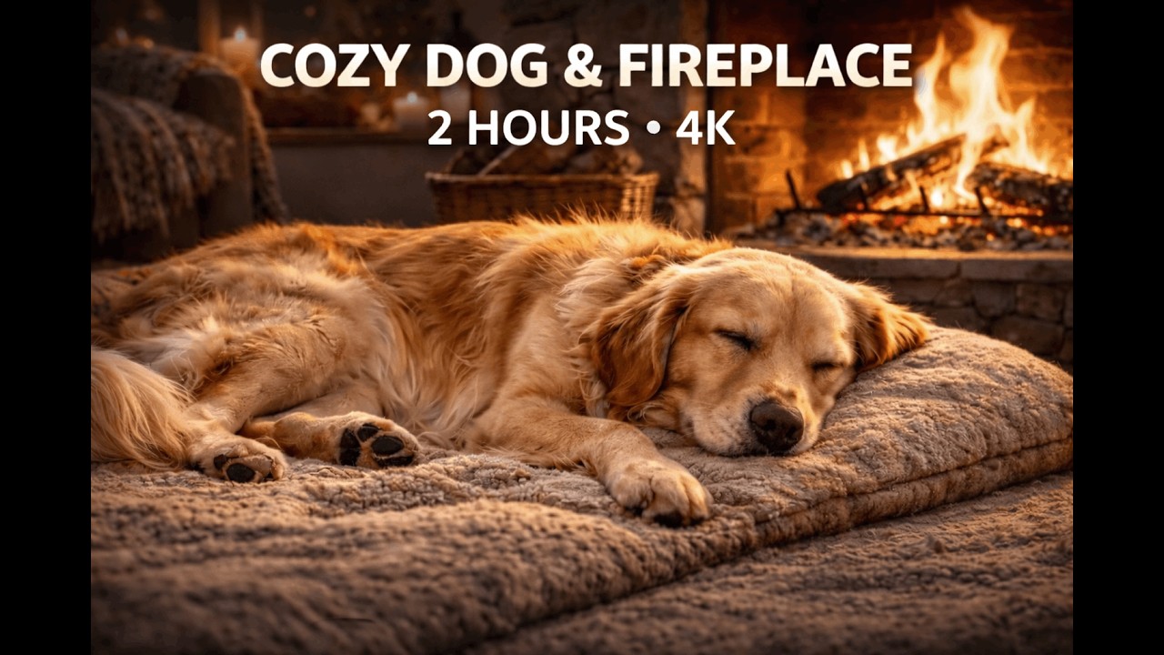 Peaceful Sleeping Dog by the Fire 🔥 2H Cozy Night Ambience (4K)