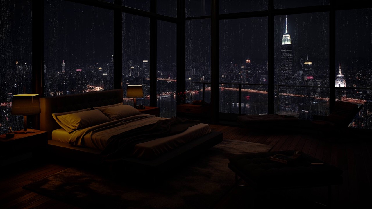 Late-Night Rain In The City - Cozy View From The Attic Bedroom - Relaxing