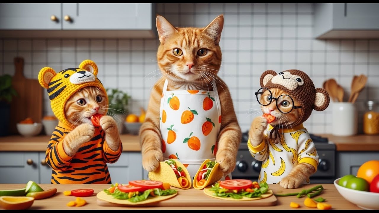 Kitchen Fun: Mama Cat and Adorable kittens Crafting Perfect Tacos