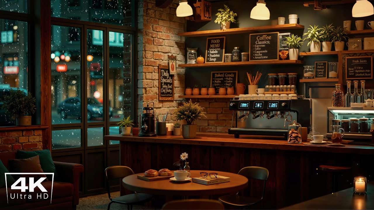 [4K] Cozy Night Jazz in Coffee Shop Ambience ☕ Smooth Jazz Instrumental Music to Focus