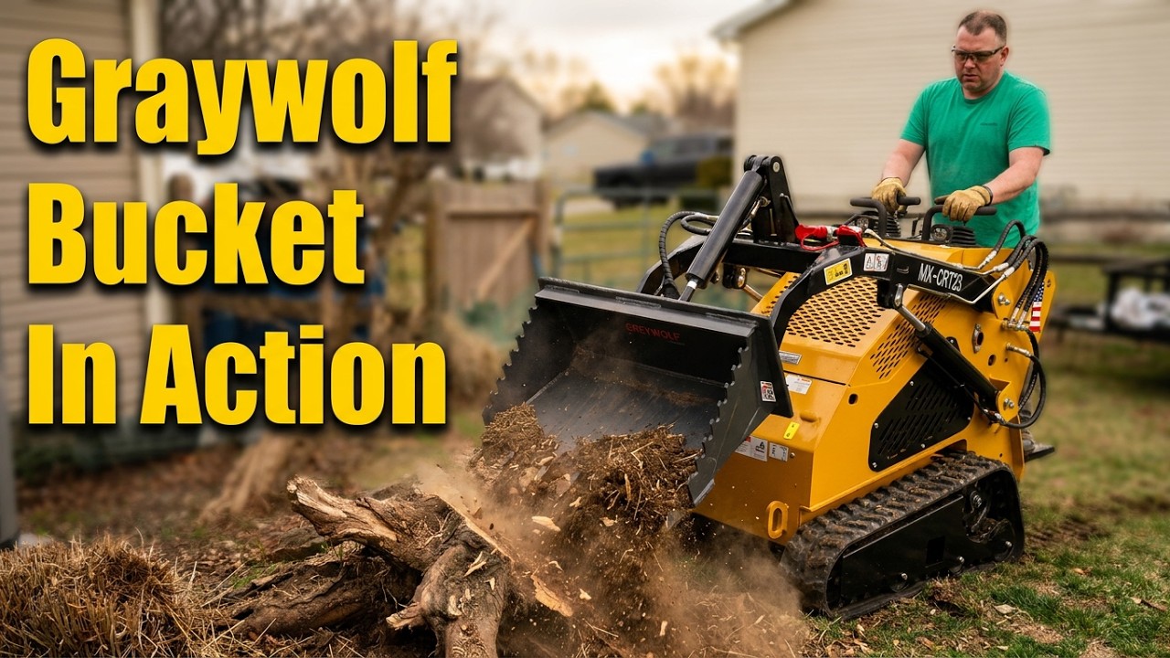 AGT MX-CRT23 Skid steer using the Graywolf stump bucket