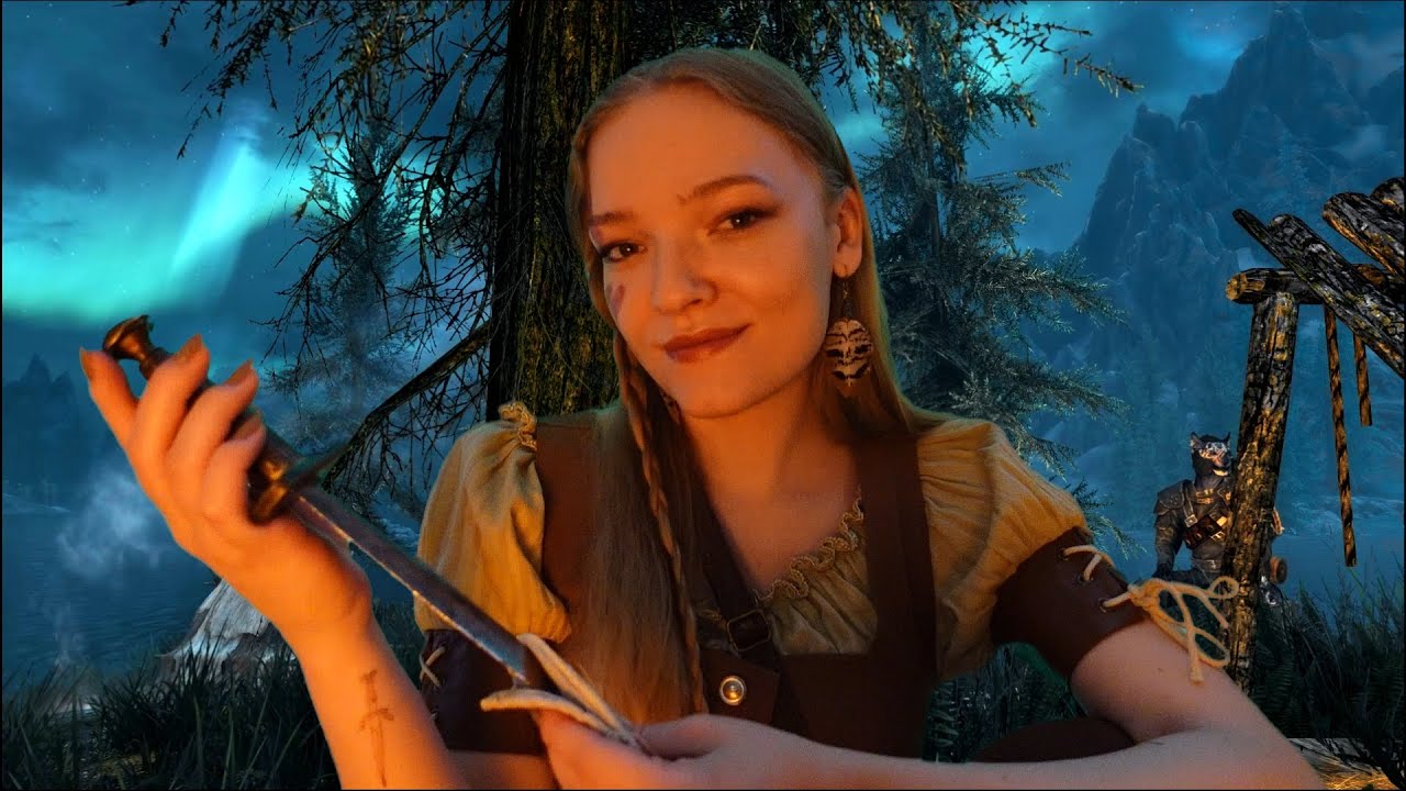 Skyrim ASMR 🏹 Camping with your followers (crickets, fire crackling, writing sounds)