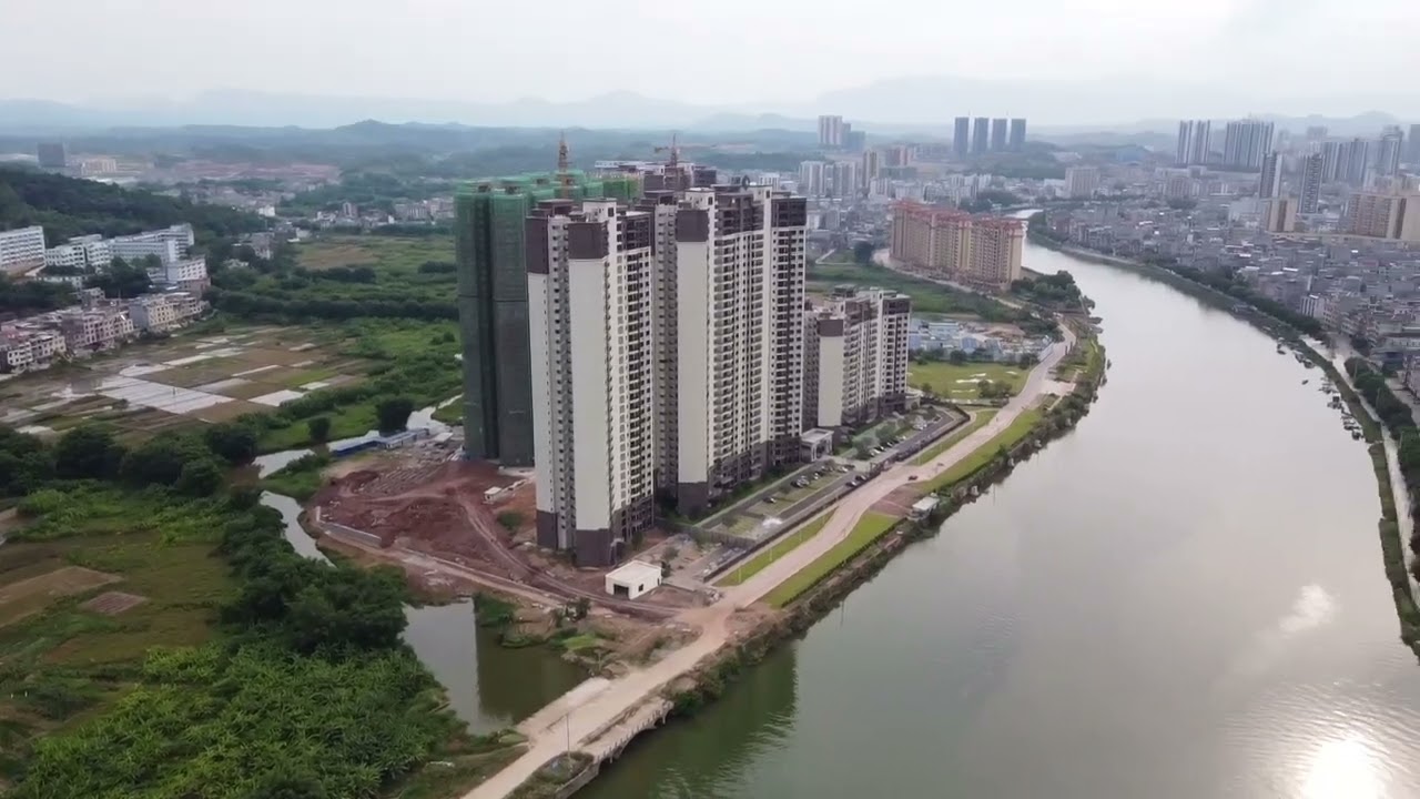 Aerial photography of Wenchang Tower and Sui River, look around from the edge of the Huaiji county