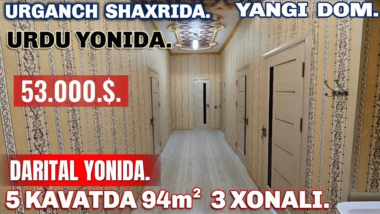 Урганч шахрида янги дом. 5 каватда 94м²  3 хонали квартира 53.000.$. Мулжал : Даритал ёнида.