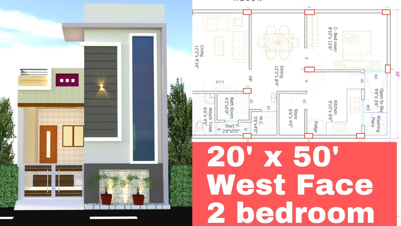 20' x 50' West Face ( 2 BHK ) House Plan Explain in Hindi