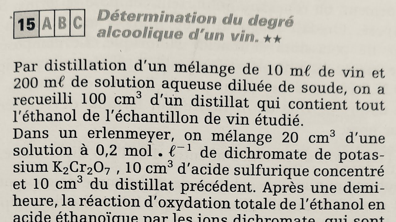 ALCOOLS : Détermination du degré alcoolique d'un vin (TleC D)