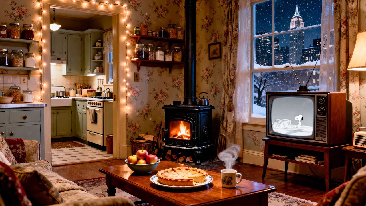 Peaceful 1940s snowy jazz night | Cozy vintage oldies playing in another room (crackling fireplace)