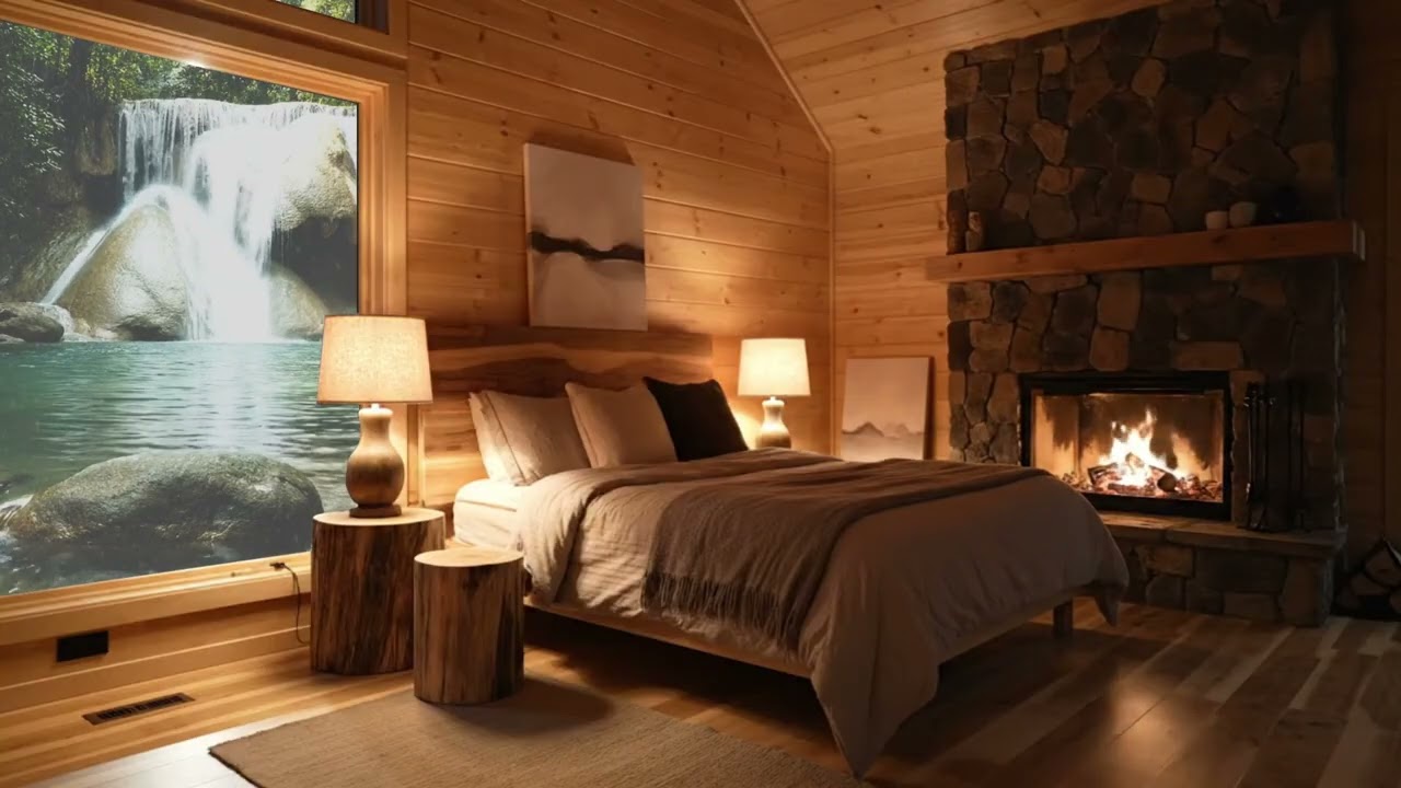 Warm Fireplace & Flowing River Sounds Perfect Night Ambience for Insomnia Relief