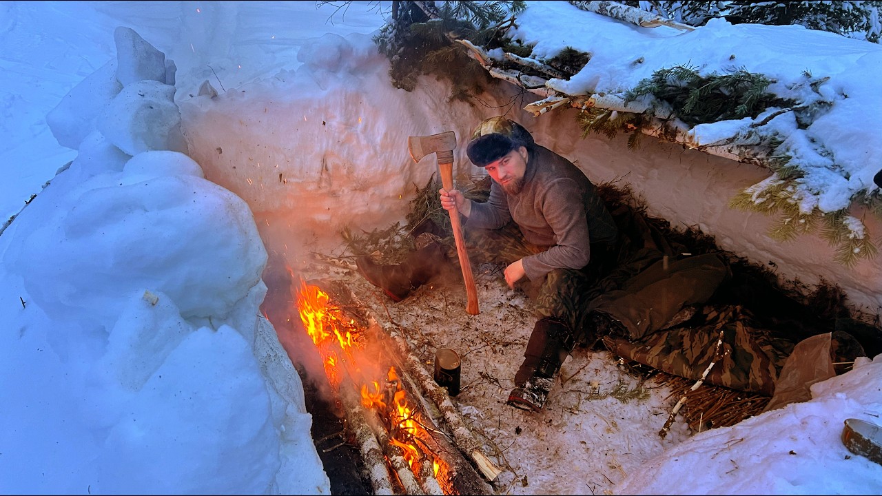 How to Save Yourself From the Cold in the Snowdrifts of the Wild Forest. Survival with One Axe.