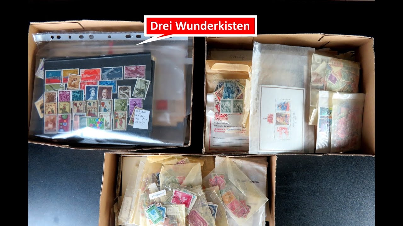 Briefmarken-Verkaufsfilm: Schatzsuche und Verkauf mit drei Briefmarken Schatzkisten