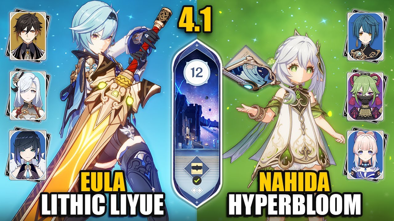 C0 Eula Lithic Liyue Team & C0 Nahida Hyperbloom | Spiral Abyss 4.1 Floor 12 9 Stars Genshin Impact