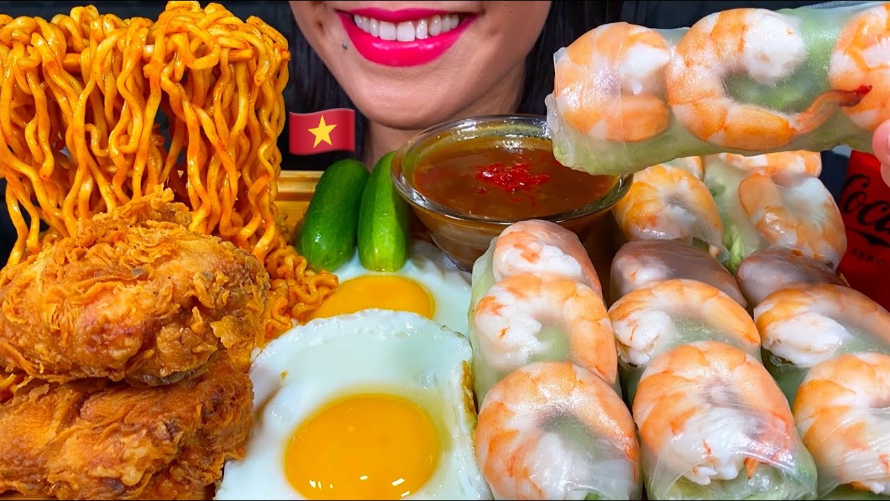 ASMR SHRIMP SPRING ROLLS, FRIED CHICKEN, EGGS, SPICY NOODLES, MUKBANG MASSIVE Eating Sounds
