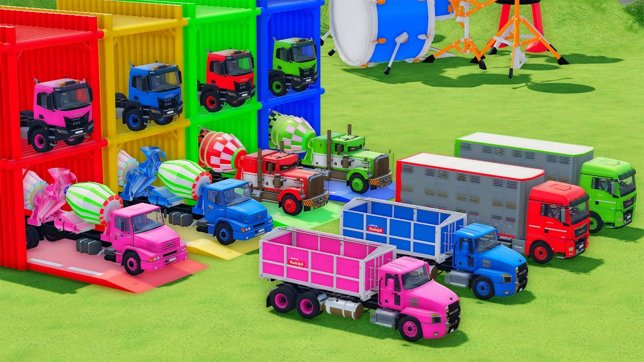 Garage with Colors - ALL MIXER TRUCK WITH DOUBLE FLATBED TRAILER TRUCK, LIZARD, PHOENIX, MACK, MAN