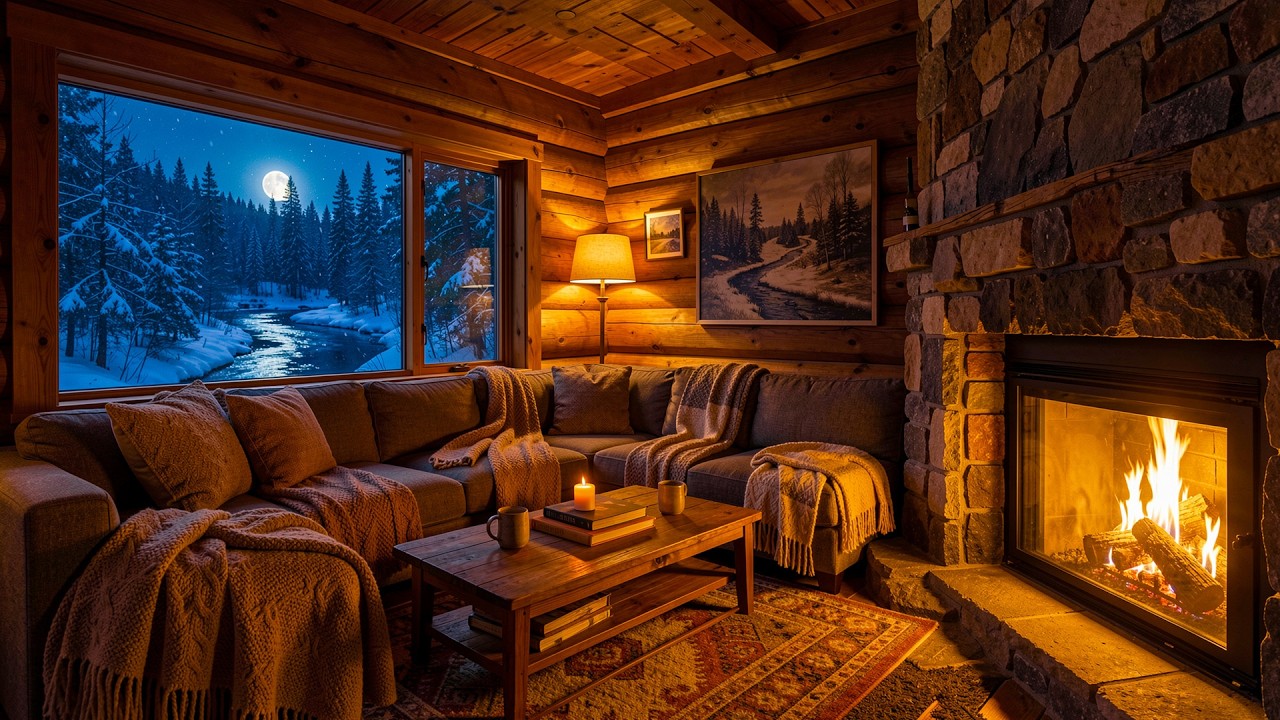 Cozy Winter Cabin Ambience ❄️ Smooth Jazz with Gentle Snowfall & Warm Fireplace Sounds for Sleeping
