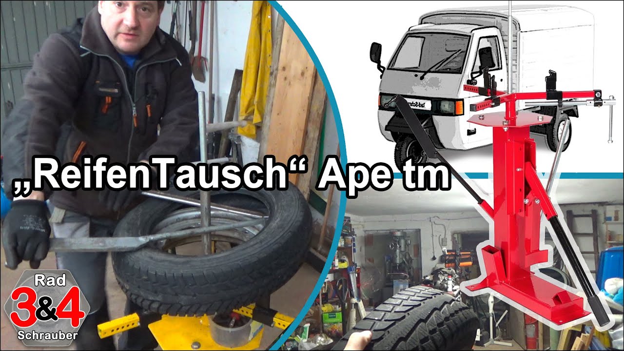 Reifentausch / Reifenwechsel bei der Ape tm mit einem einfachen manuellen Reifenmontiergerät