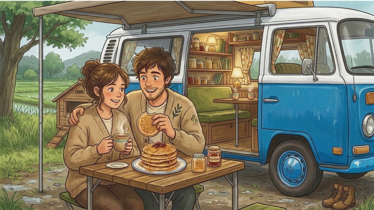 雨の日の静寂：古いキャンピングカーで楽しむスローライフと手作り料理 🥞🚐