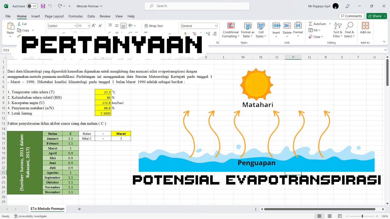 Contoh Perhitungan ETo (Potensial EVAPOTRANSPIRASI) dengan METODE PENMAN (EXCEL)