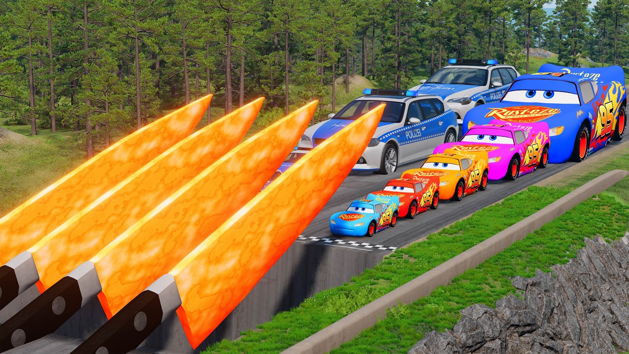 Big & Small McQueen & Police Car vs Zombie Mack, Giant Speed Bumps Downhill Race – BeamNG.drive