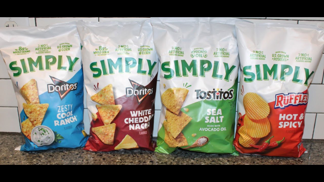 Simply Doritos Zesty Cool Ranch, Doritos White Cheddar Nacho, Tostitos Sea Salt, Ruffles Hot & Spicy