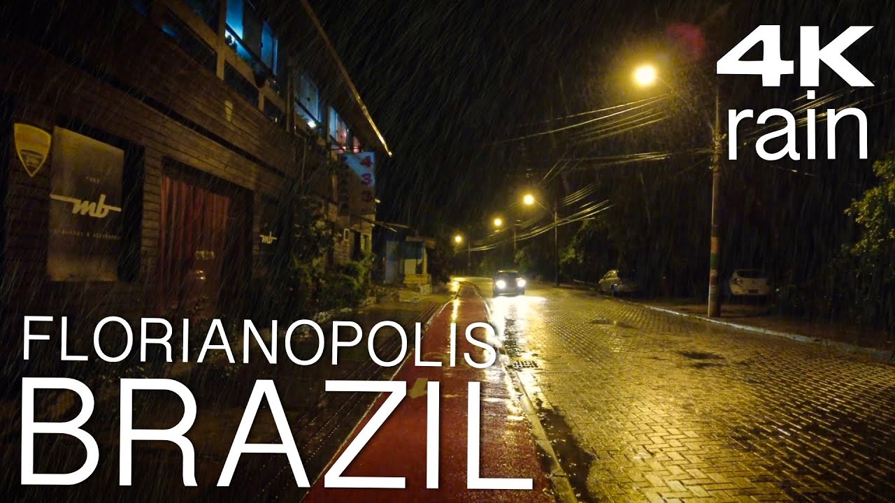 Night Rain in Florianopolis. 4K Walk. Brazil. Floripa. Santa Catarina