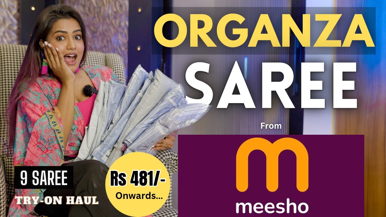 ORGANZA Saree from MEESHO 💜💛 | latest beautiful collection| TryOn | honest Review || gimaashi