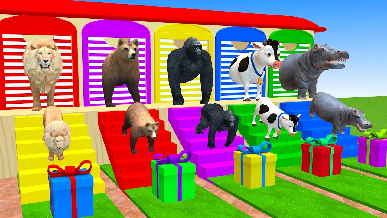 Long Slide Game With Elephant Lion Bear Cow Hippo Gorrila 3d Animal Game Funny 3d Animals