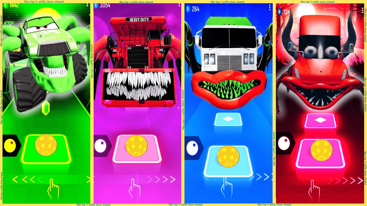 coffin dance - Garbadge Truck 🆚 Dump Truck Eater 🆚 Tesla Truck Eater 🆚 Green Car Spider | Tiles HOP❗