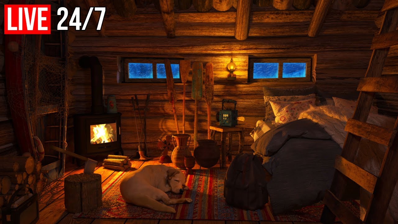 🔴 Frosty Snowstorm Sounds, Relaxing Fireplace and Blizzard in a Cozy Winter Hut - Live 24/7