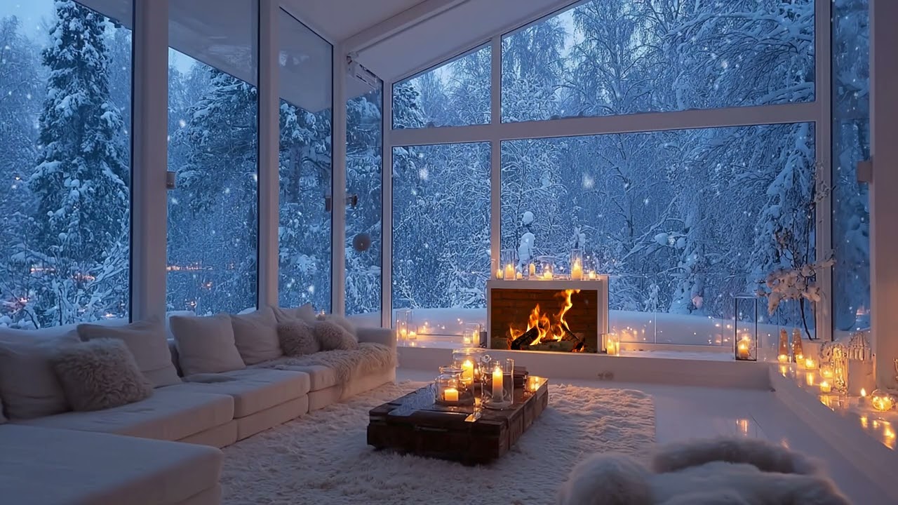 Cozy Winter Room with Fireplace and Snowfall | Relaxing Piano Music