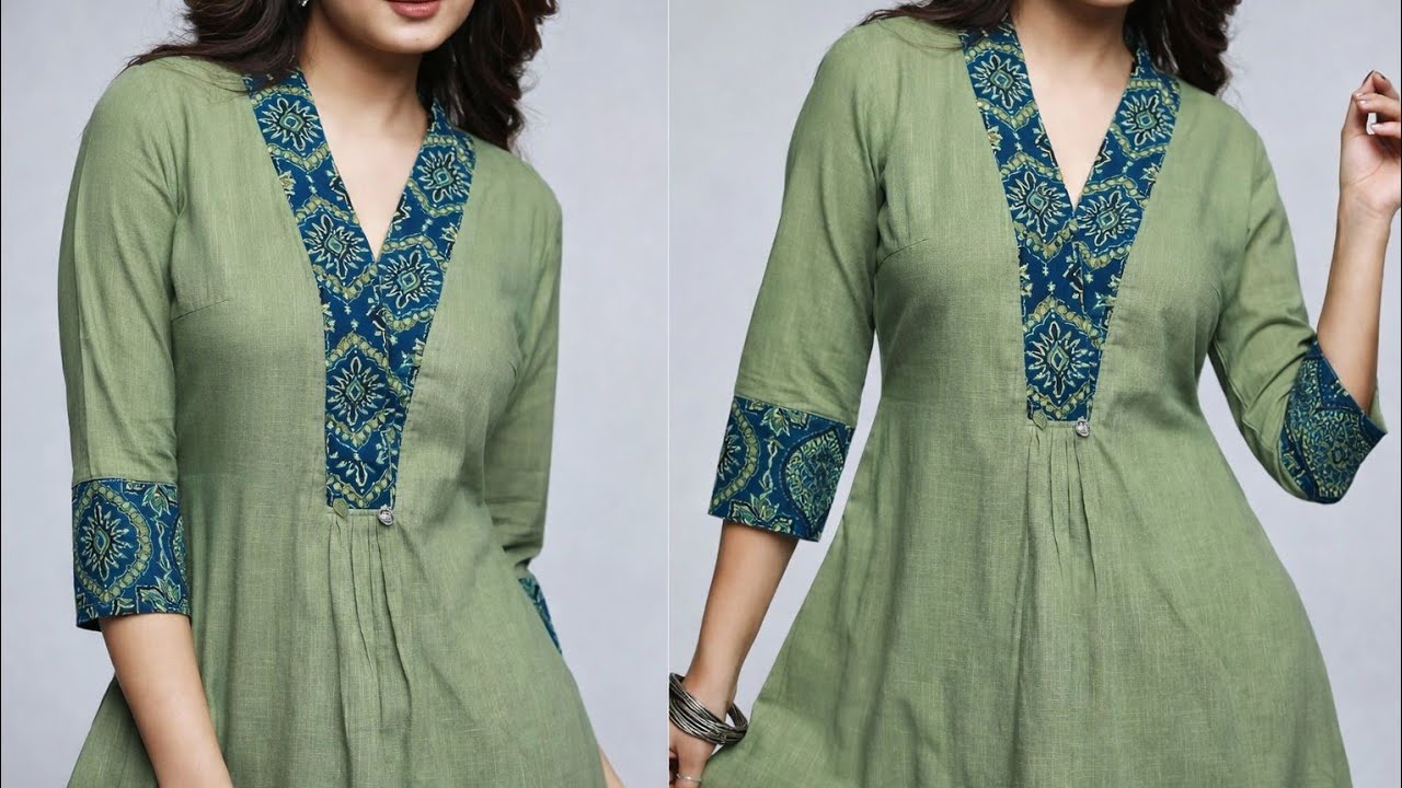 FRONT PLEATED KURTI CUTTING AND STICHING/V-SHAPE NECK COLLAR KURTI CUTTING AND STICHING 
