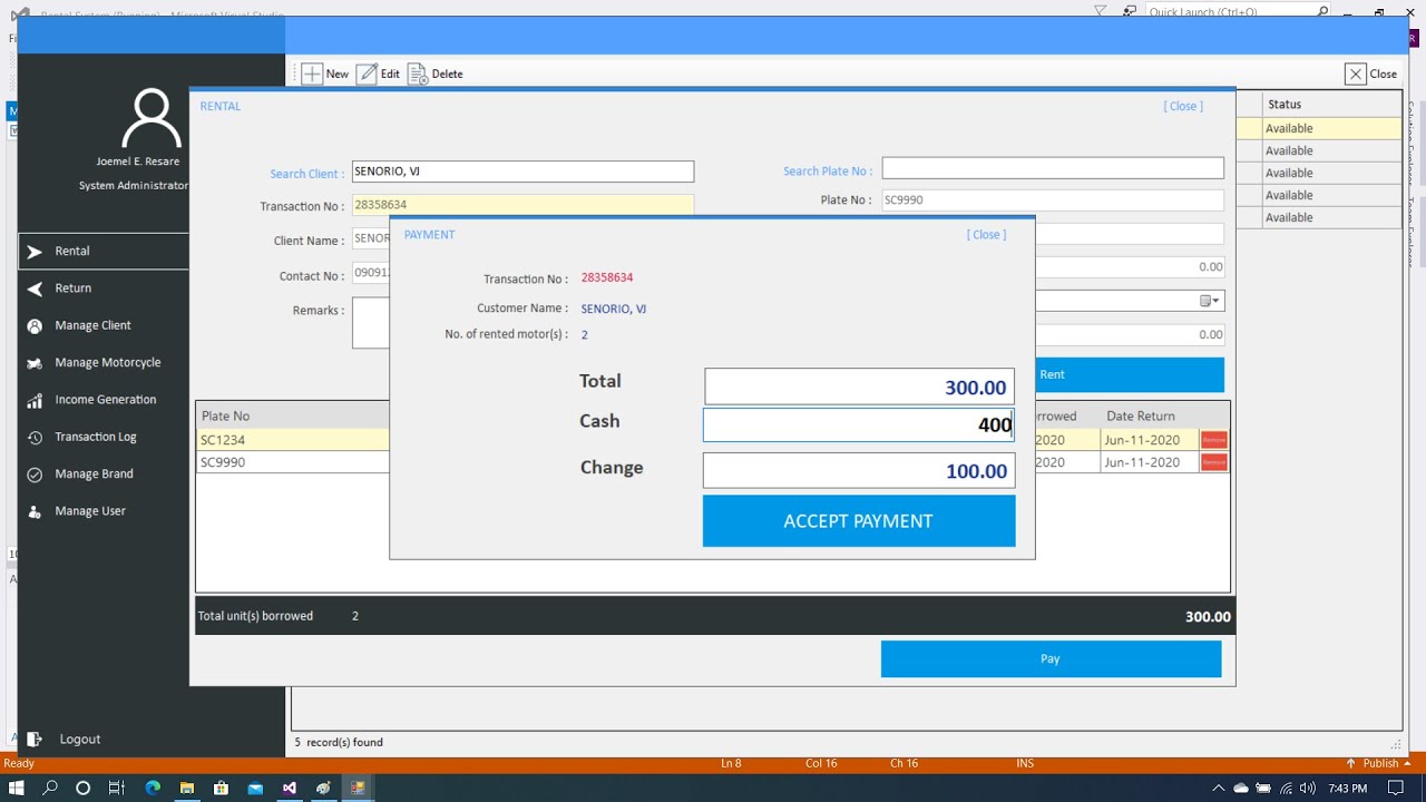 Programming In Visual Basic: Motor Rental System