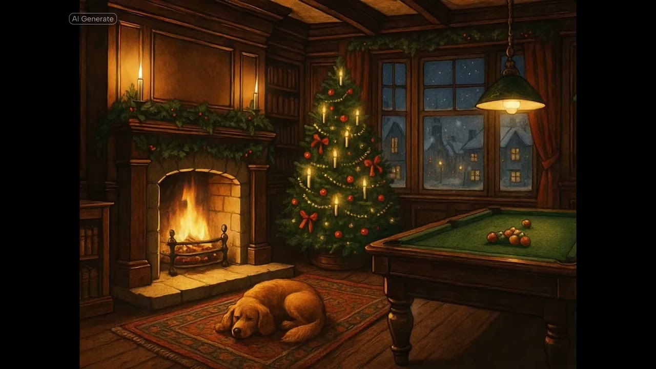 British Christmas Pub Ambience, soft music | Holiday Lights | cozy vibes | dog asleep by fireplace