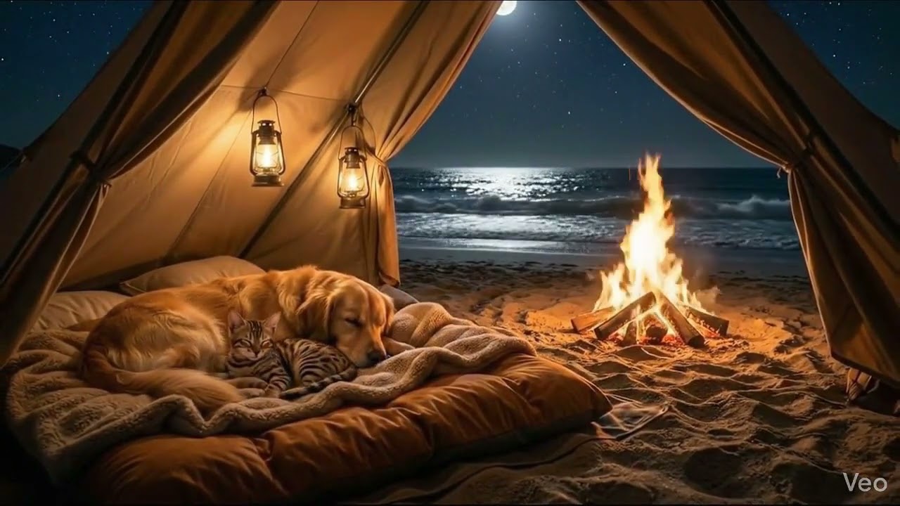 Cozy Beach Camping with Best Friends 🌊🔥 | Golden Retriever & Kitten Sleeping ASMR  친구와 함께하는 해변의 캠핑