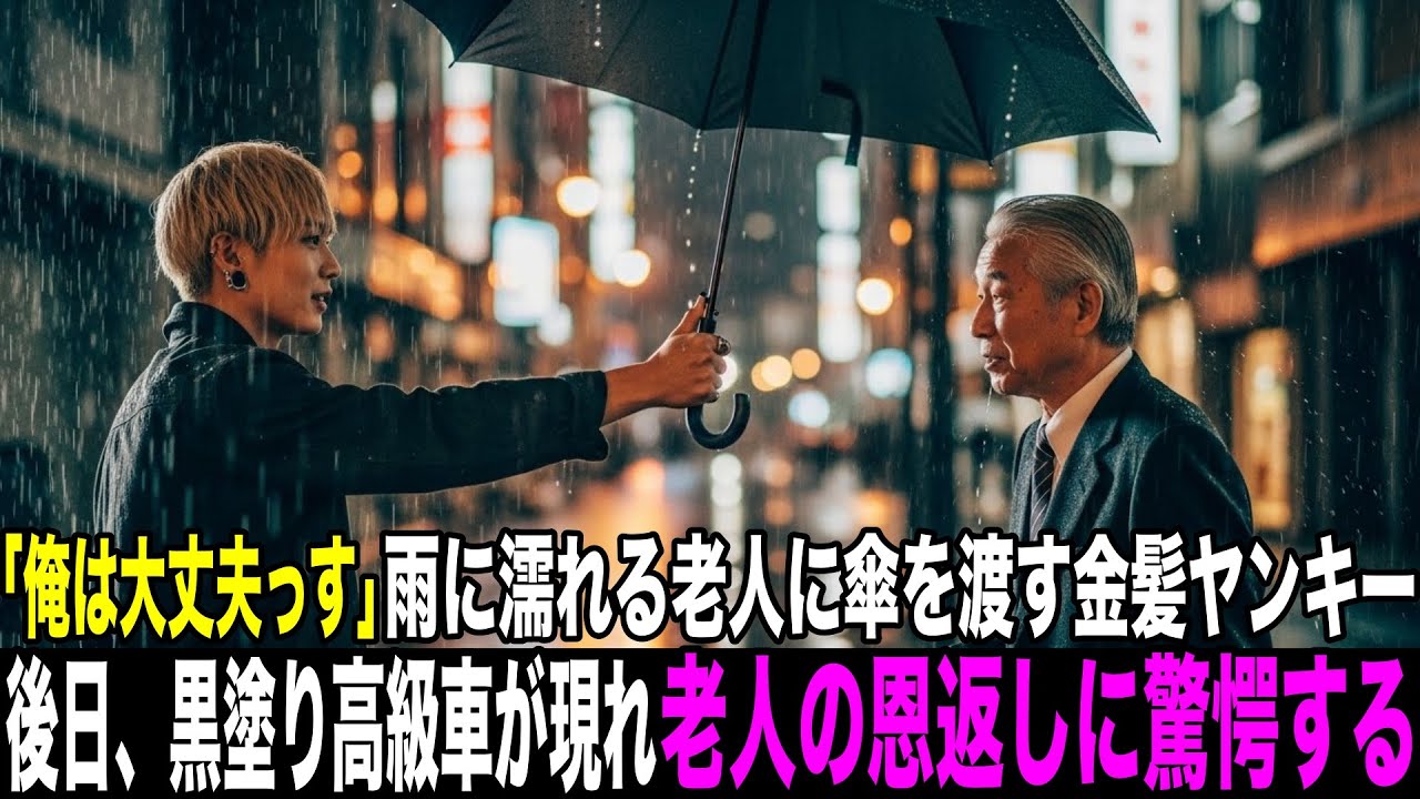 雨に濡れる老人に傘を渡す金髪ヤンキー、後日、黒塗りの高級車が現れ、老人の恩返しに驚愕する