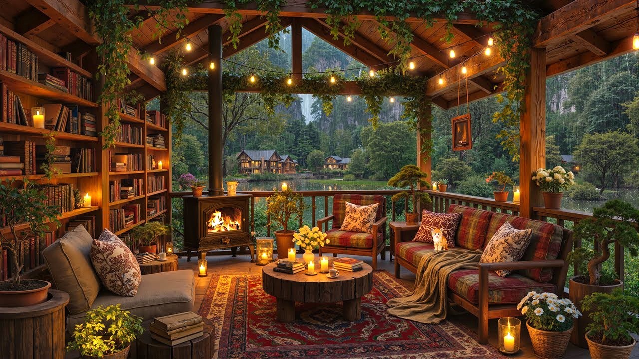 Cozy Rain Porch Vibes | Soft Jazz Melody & Warmth Fireplace for Focused Work & Slow Sleep