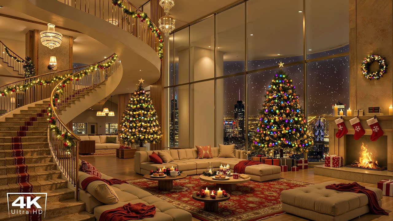 [4K] Serene Holiday Night 🎄 Cozy Apartment with Soft Christmas Jazz & Fireplace Sounds to Chill Out